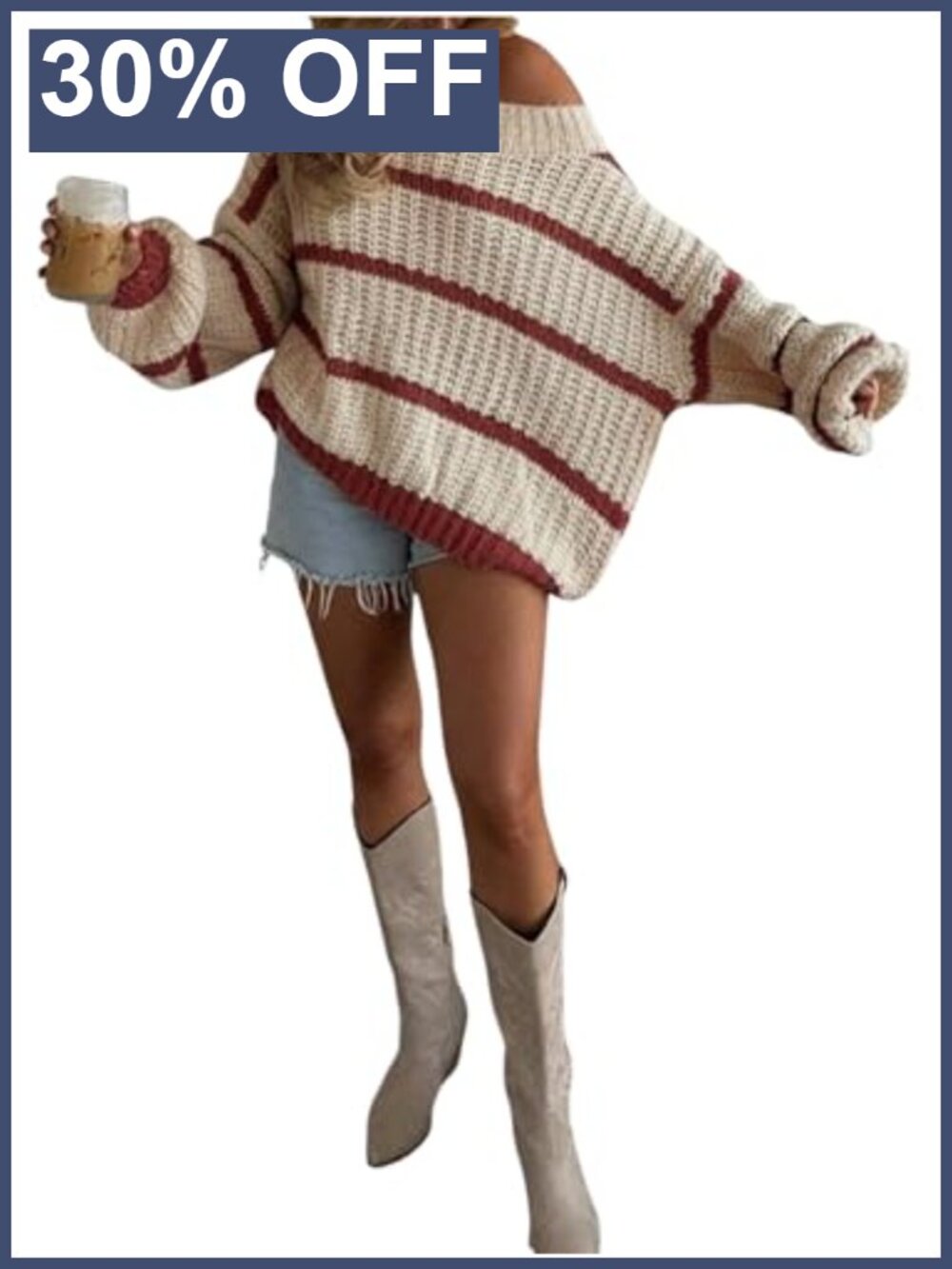 Off Shoulder Striped Sweater Drop Shoulder Loose Knit Pullover